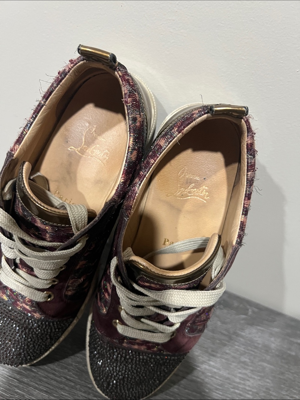 Christian Louboutin Embellished Tweed Low-Top Sneakers in Burgundy and brown - Picture 5 of 7